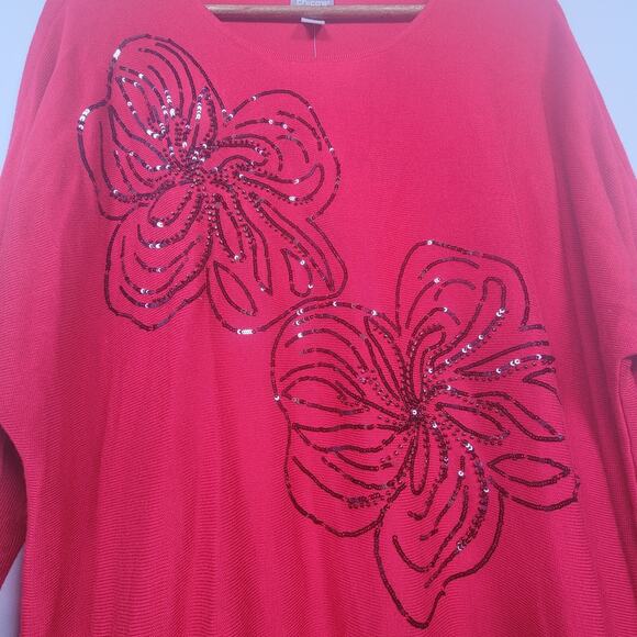 NWT Chicos Sparkle Floral Pullover Sweater Womens 3 Long Sleeve Red - Picture 3 of 11